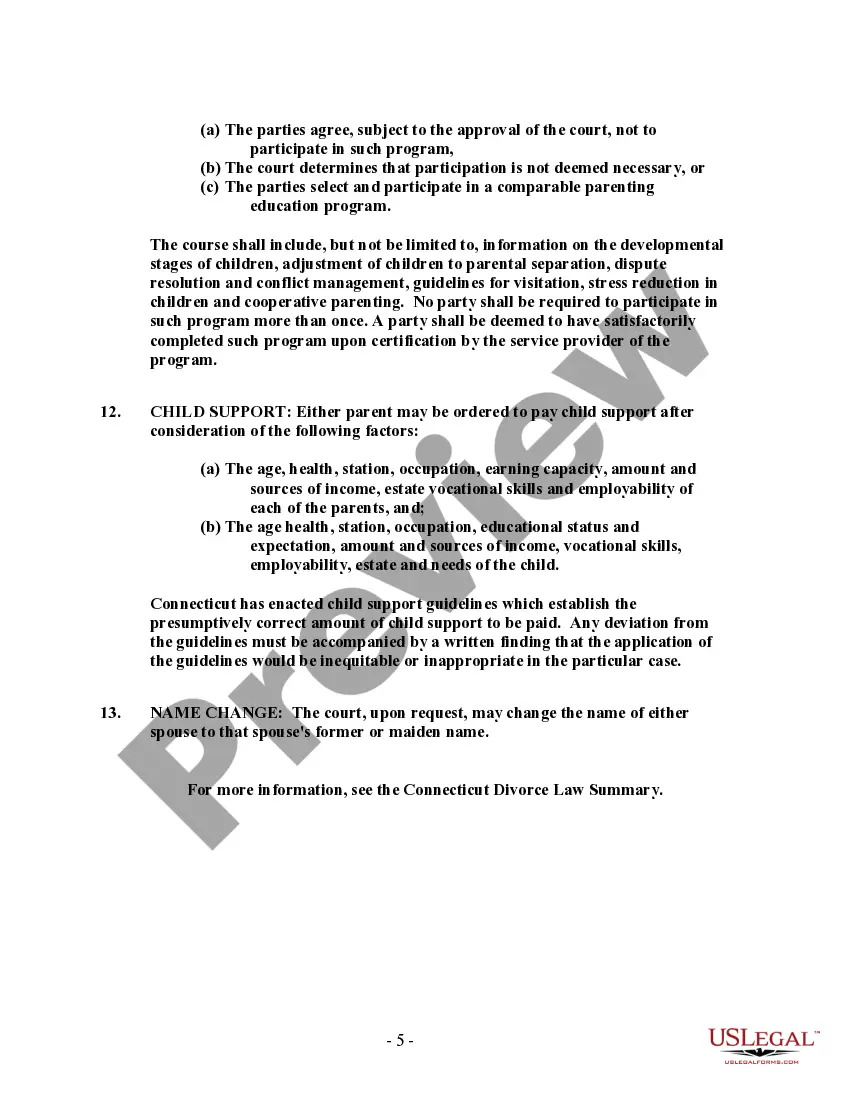 Preview Connecticut No-Fault Agreed Uncontested Divorce Package for Dissolution of Marriage for people with Minor Children
