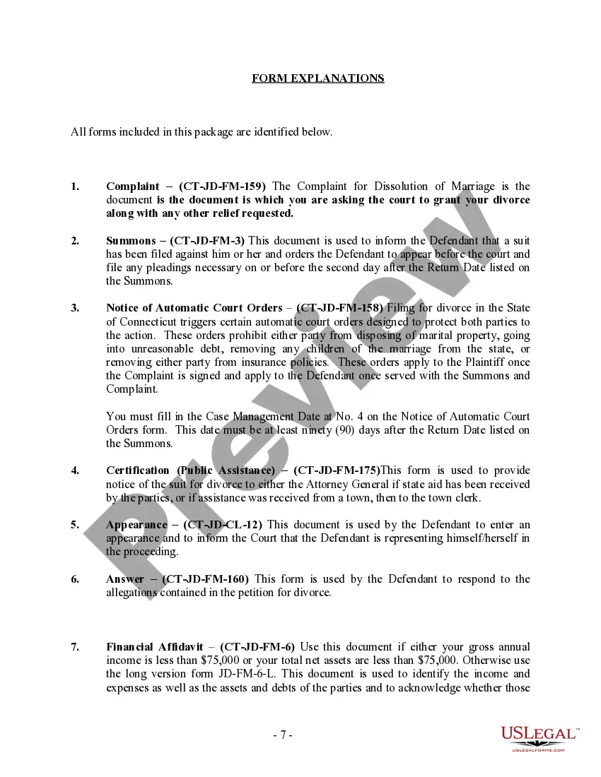 Preview Connecticut No-Fault Agreed Uncontested Divorce Package for Dissolution of Marriage for people with Minor Children