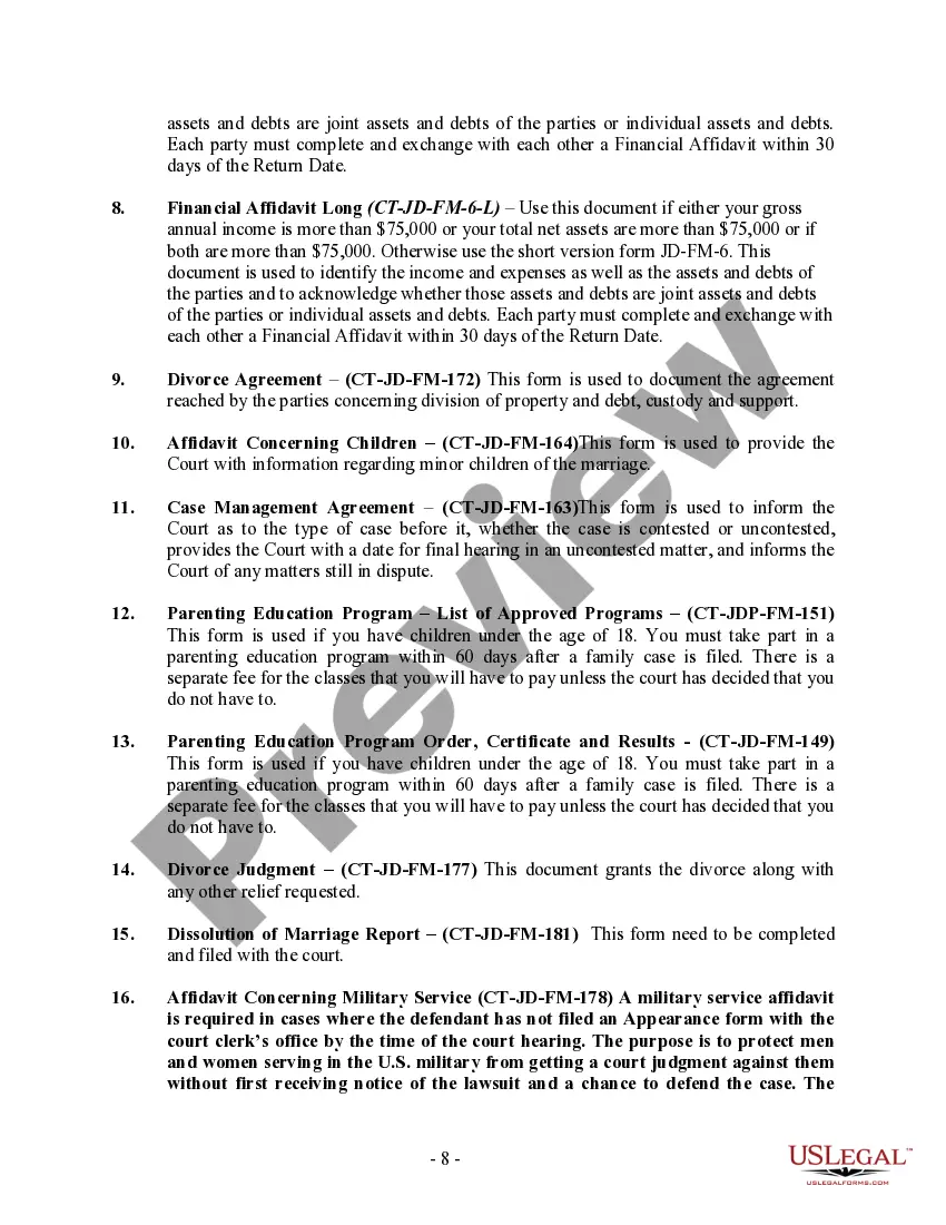Preview Connecticut No-Fault Agreed Uncontested Divorce Package for Dissolution of Marriage for people with Minor Children