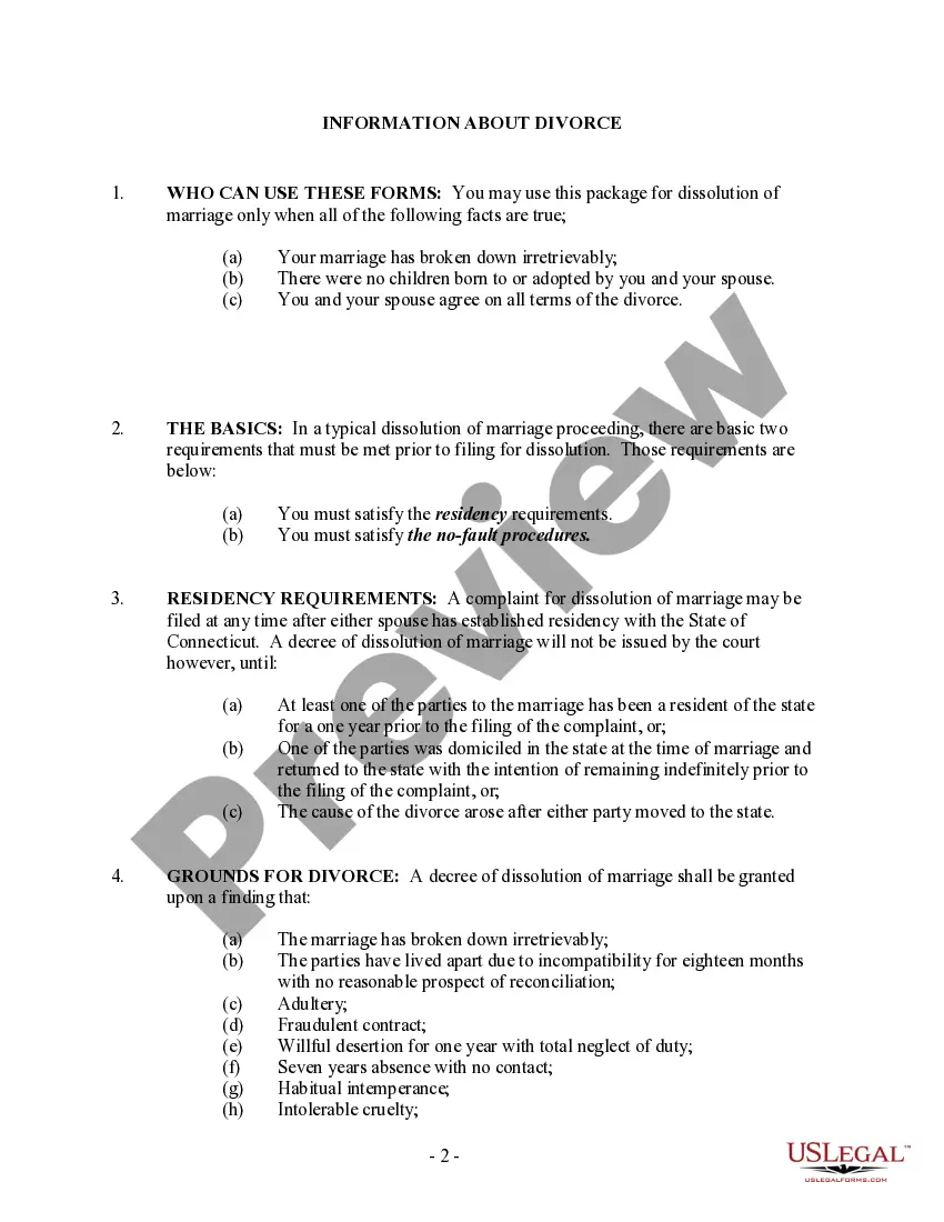 Preview Connecticut No-Fault Agreed Uncontested Divorce Package for Dissolution of Marriage for Persons with No Children with or without Property and Debts