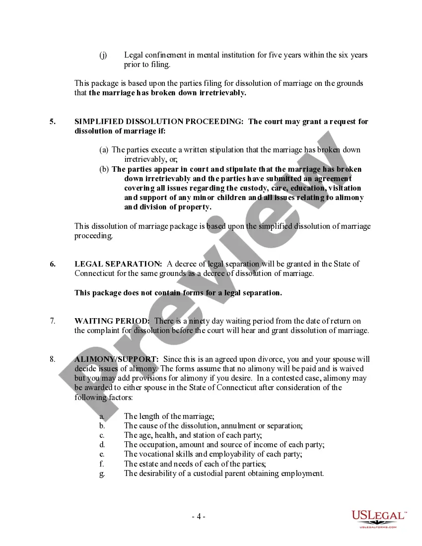 Preview Connecticut No-Fault Agreed Uncontested Divorce Package for Dissolution of Marriage for Persons with No Children with or without Property and Debts