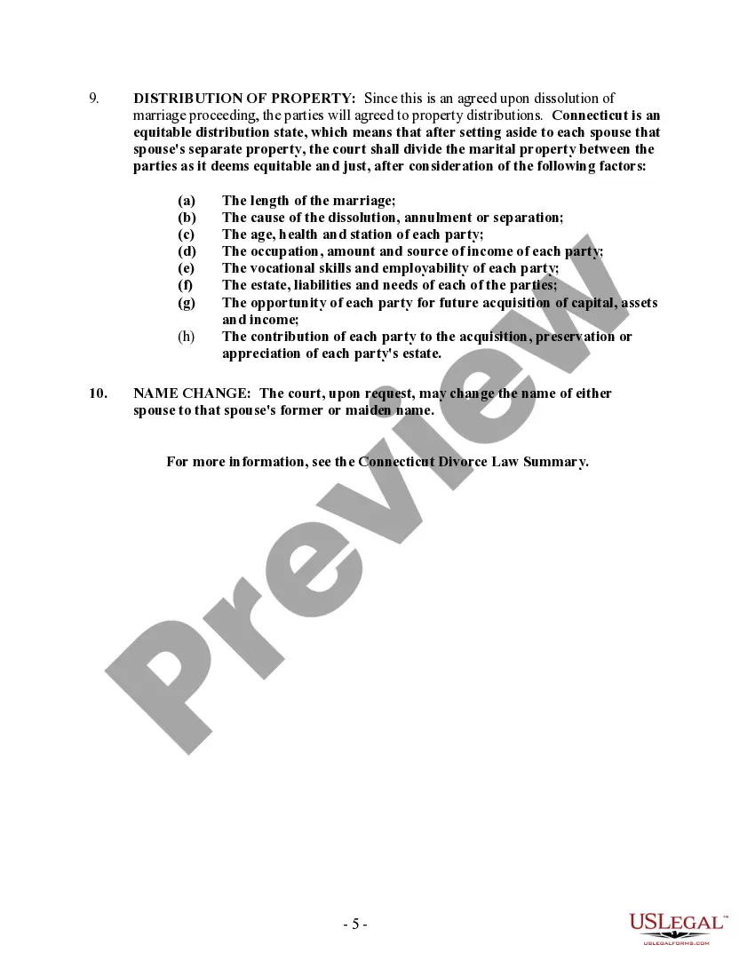 Preview Connecticut No-Fault Agreed Uncontested Divorce Package for Dissolution of Marriage for Persons with No Children with or without Property and Debts