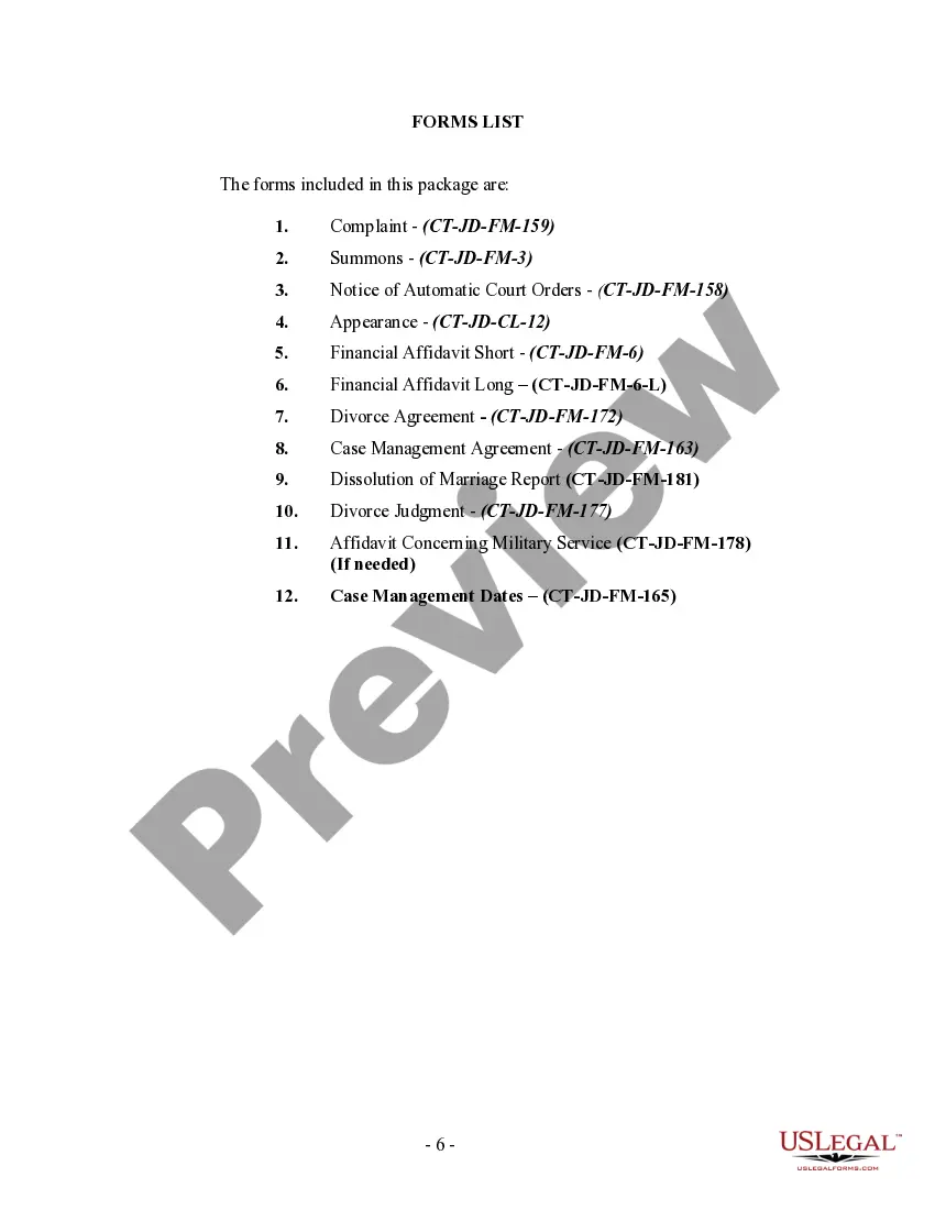 Preview Connecticut No-Fault Agreed Uncontested Divorce Package for Dissolution of Marriage for Persons with No Children with or without Property and Debts