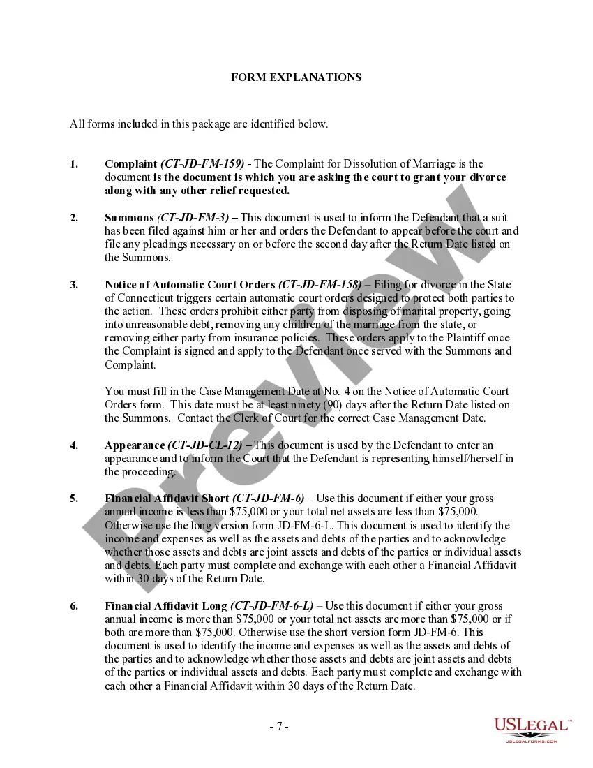 Preview Connecticut No-Fault Agreed Uncontested Divorce Package for Dissolution of Marriage for Persons with No Children with or without Property and Debts