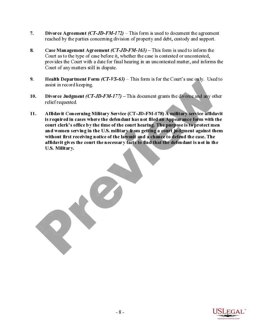 Preview Connecticut No-Fault Agreed Uncontested Divorce Package for Dissolution of Marriage for Persons with No Children with or without Property and Debts