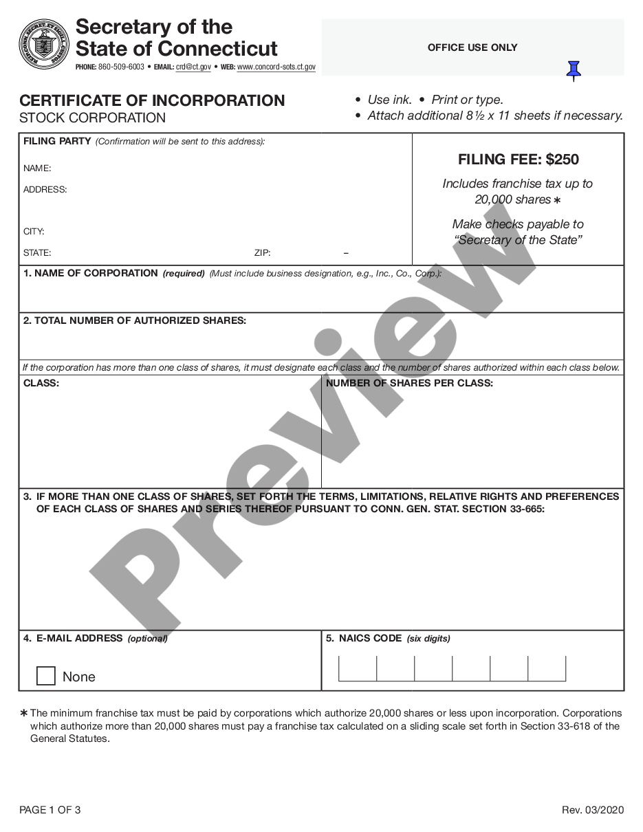 page 0 Connecticut Articles of Incorporation Certificate - Domestic For-Profit - Stock Corporation preview