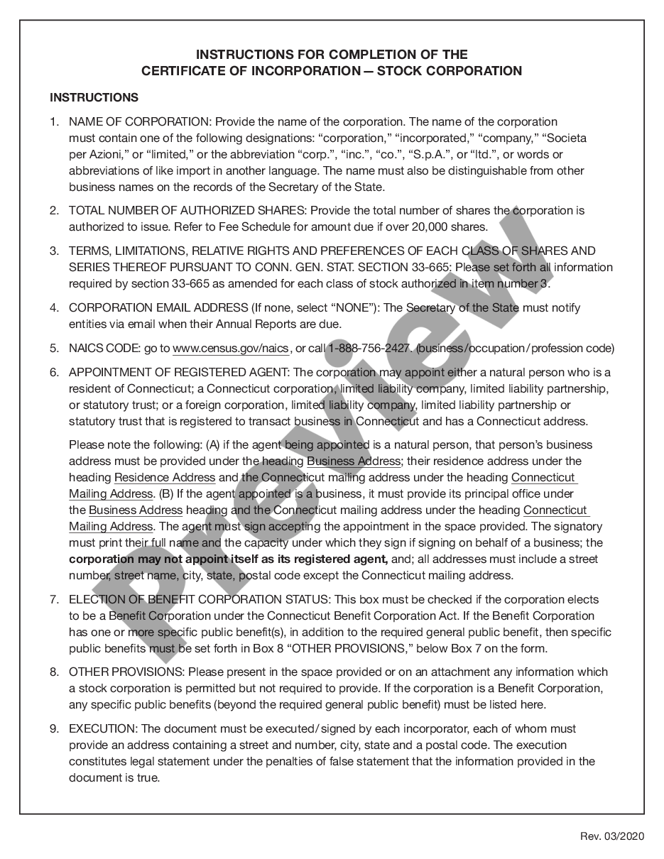page 3 Connecticut Articles of Incorporation Certificate - Domestic For-Profit - Stock Corporation preview