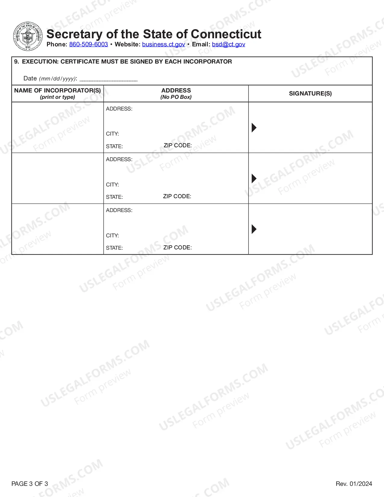 Preview Connecticut Articles of Incorporation Certificate - Domestic For-Profit - Stock Corporation