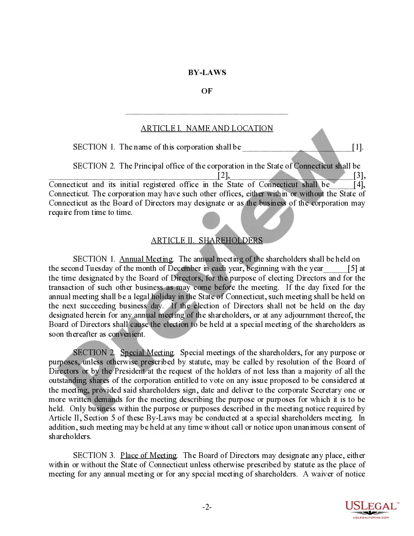 Get Connecticut Bylaws for Corporation Preview Connecticut Bylaws for Corporation
