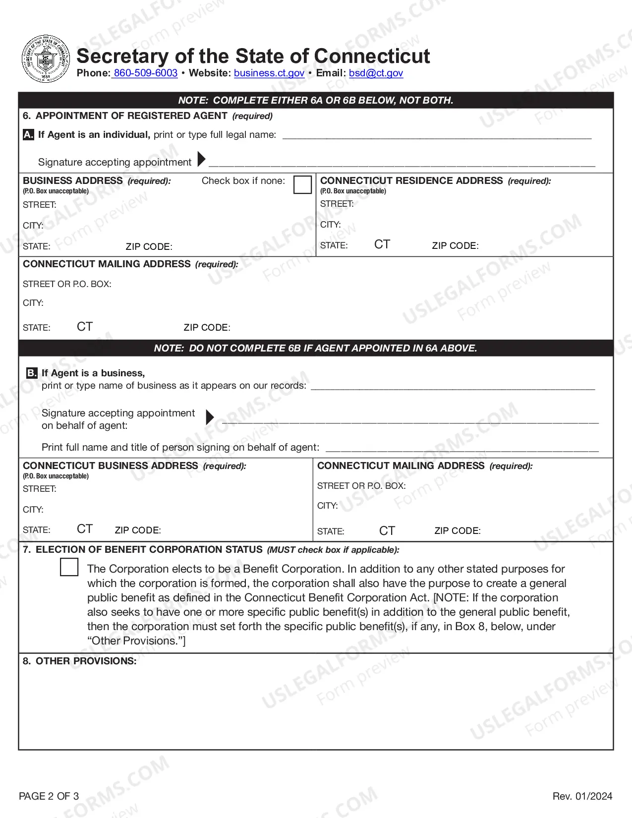 Preview Connecticut Certificate of Incorporation for Professional Corporation