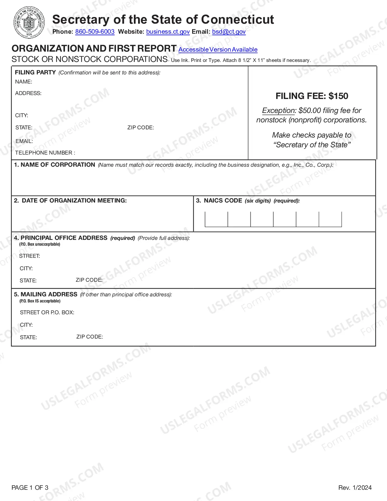 Preview Connecticut Certificate of Incorporation for Professional Corporation