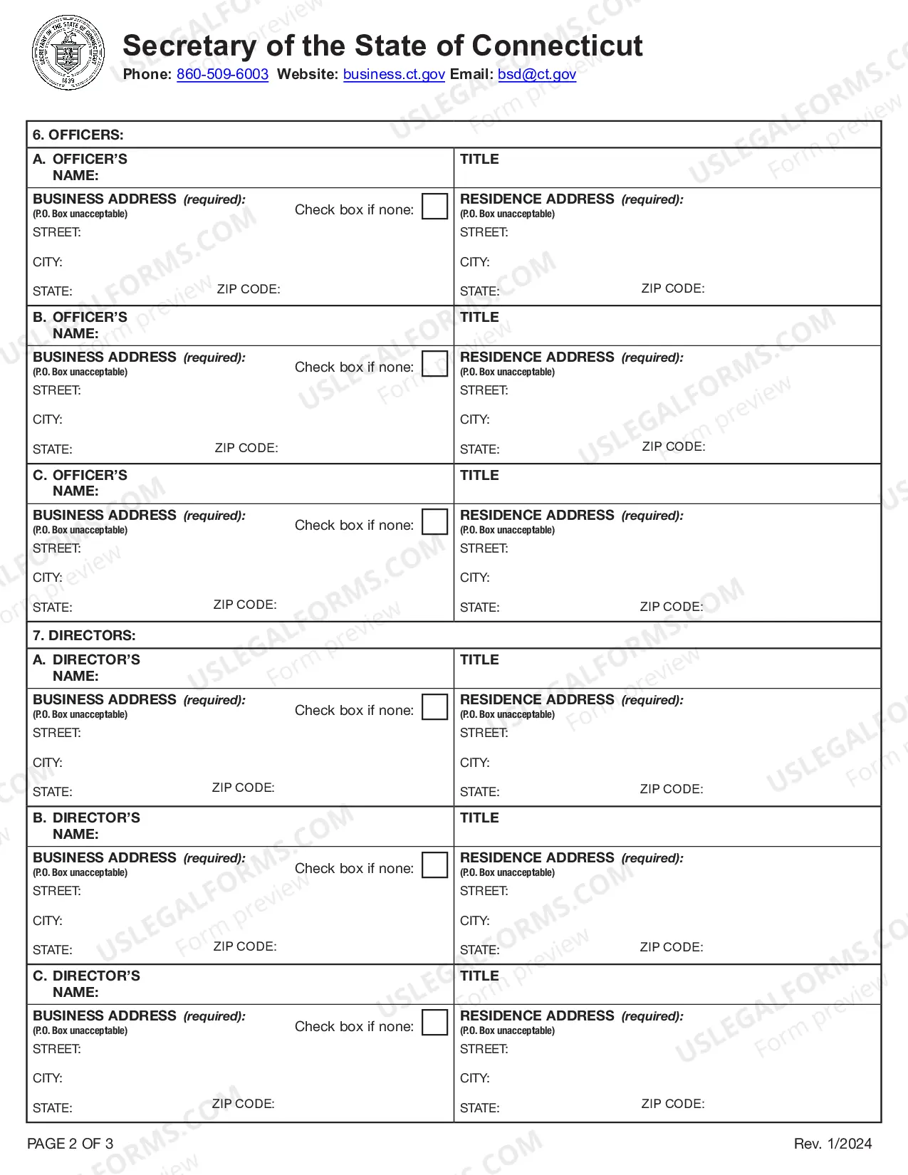 Preview Connecticut Certificate of Incorporation for Professional Corporation