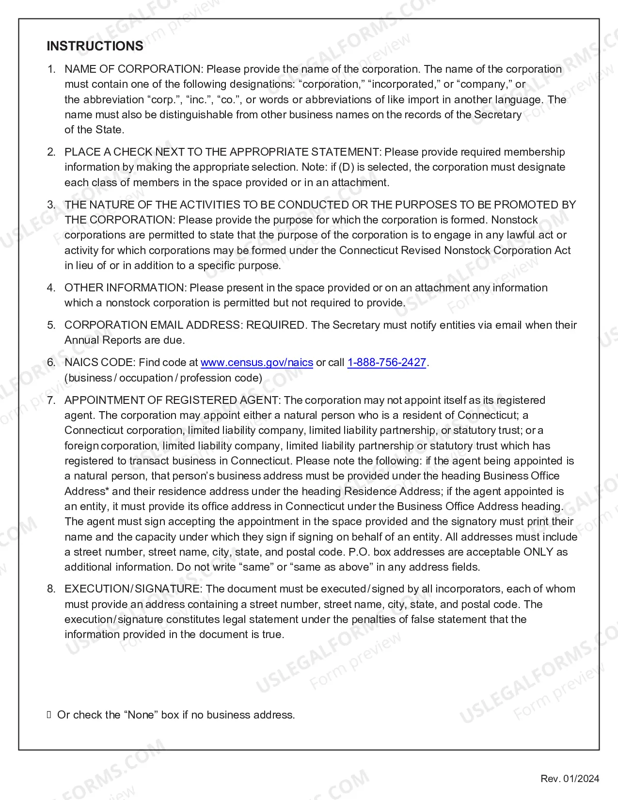 Preview Connecticut Articles of Incorporation Certificate - Domestic Nonprofit - Nonstock Corporation