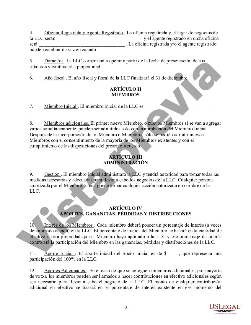 Preview Acuerdo Operativo LLC de Sociedad de Responsabilidad Limitada de Miembro Único