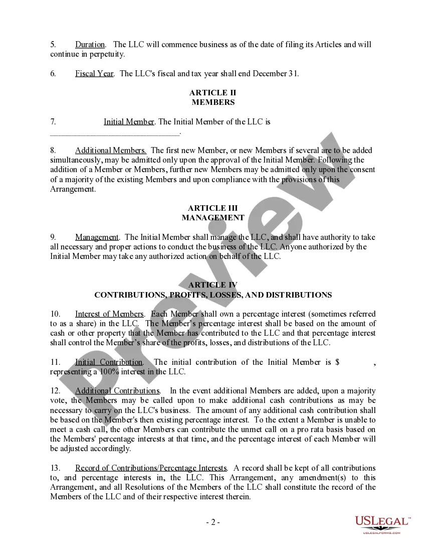 Preview Single Member Limited Liability Company LLC Operating Agreement