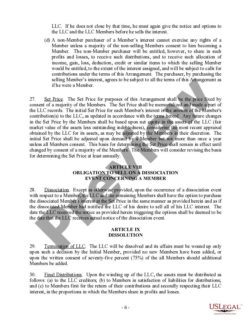 Preview Single Member Limited Liability Company LLC Operating Agreement