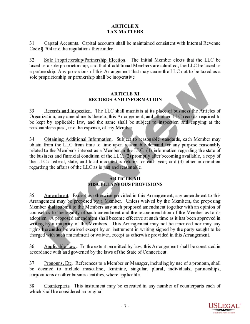 Preview Single Member Limited Liability Company LLC Operating Agreement