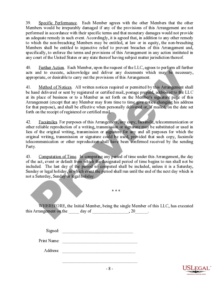 Preview Single Member Limited Liability Company LLC Operating Agreement