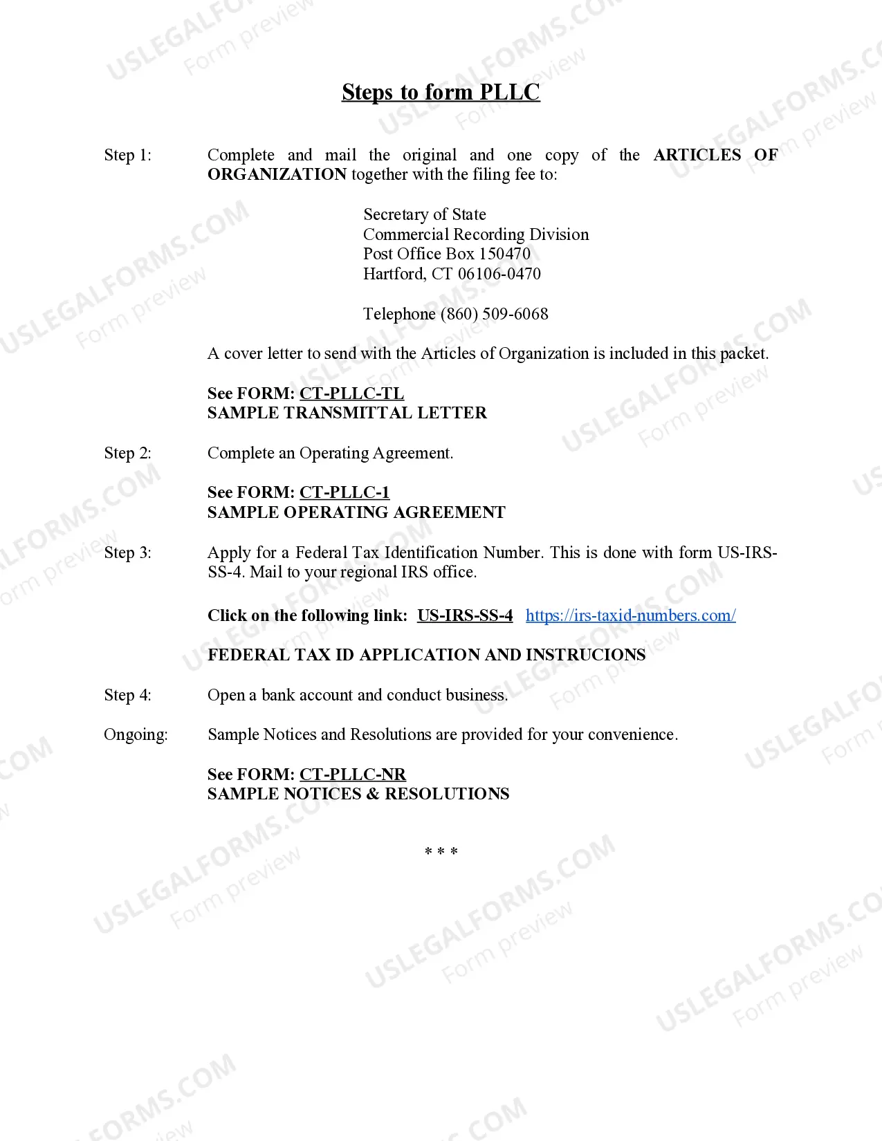 Preview Connecticut Professional Limited Liability Company PLLC Formation Package