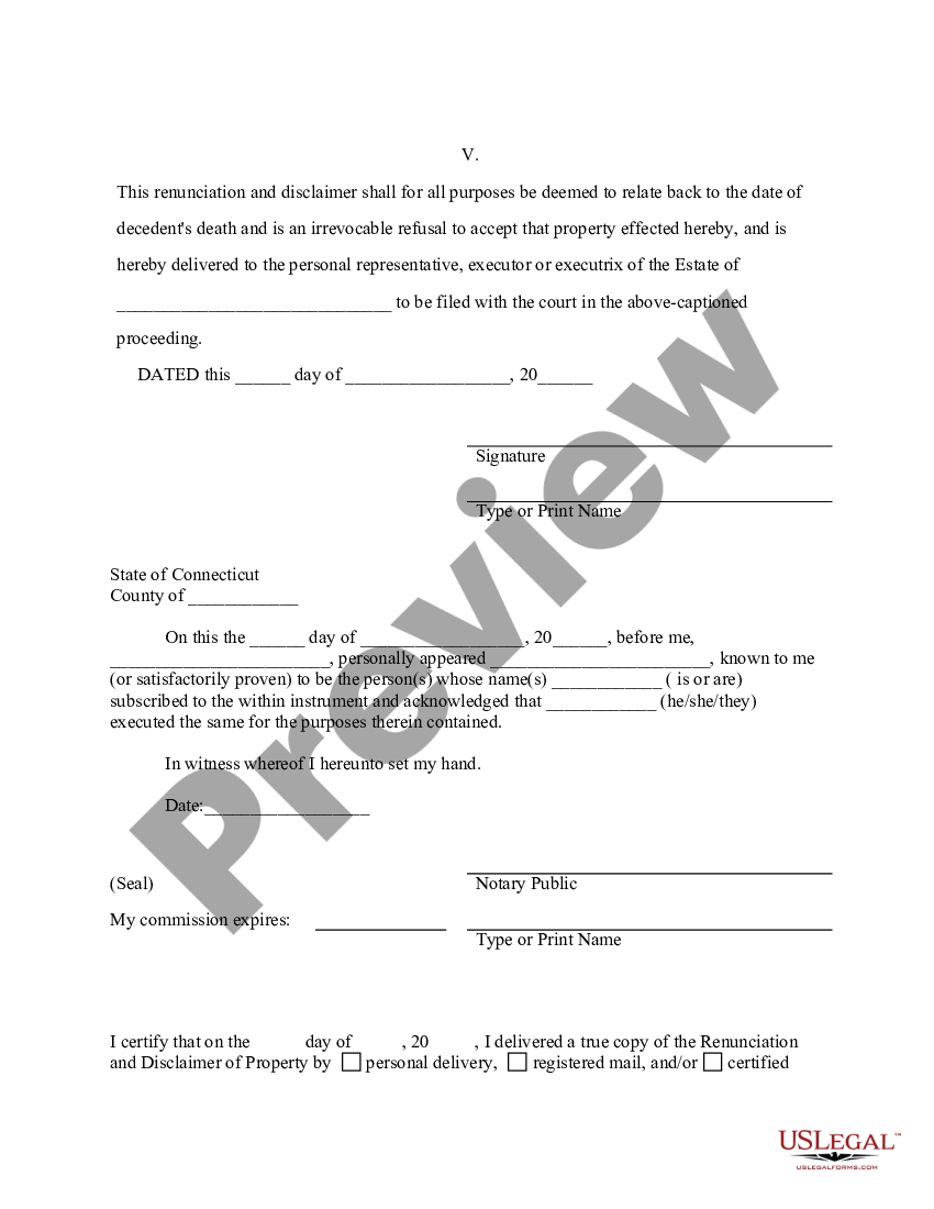 Connecticut Renunciation And Disclaimer of Property from Will by ...