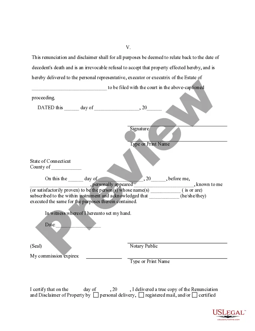Preview Connecticut Renunciation And Disclaimer of Property from Will by Testate