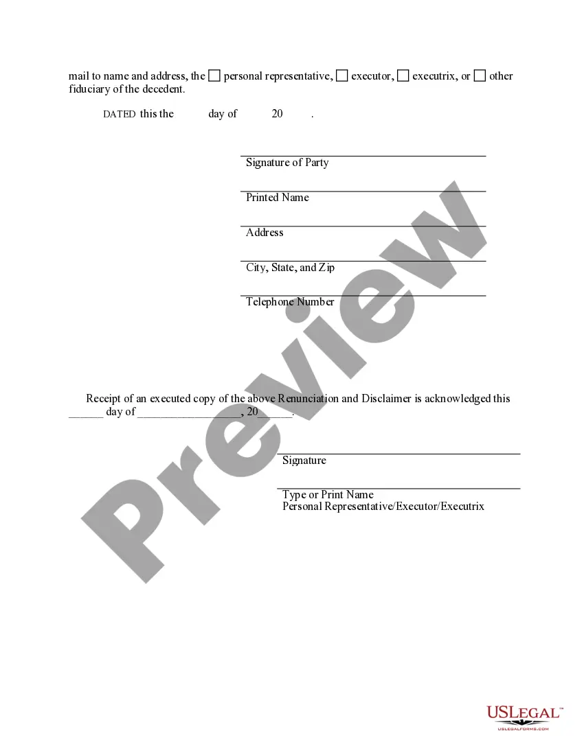 Preview Connecticut Renunciation And Disclaimer of Property from Will by Testate