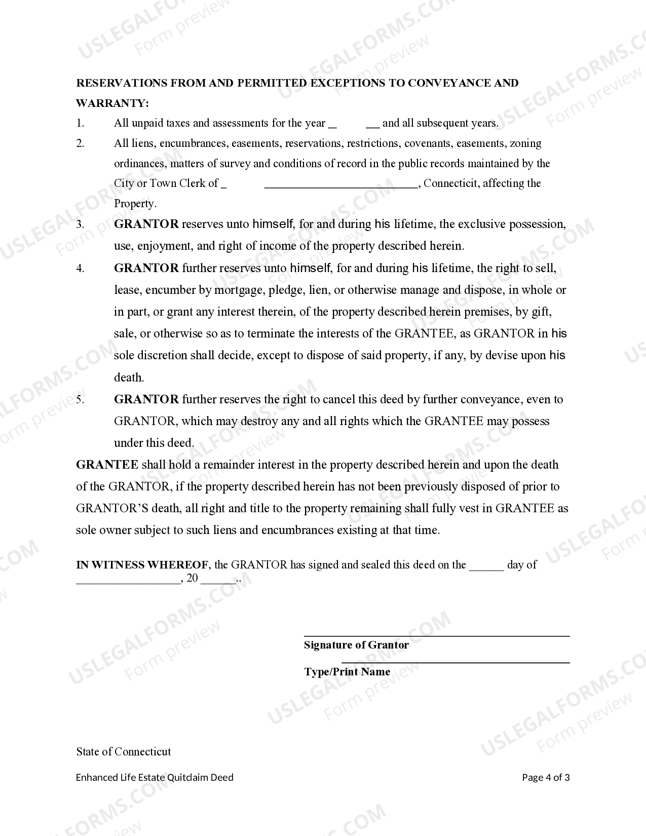 Connecticut Enhanced Life Estate or Lady Bird Quitclaim Deed Life