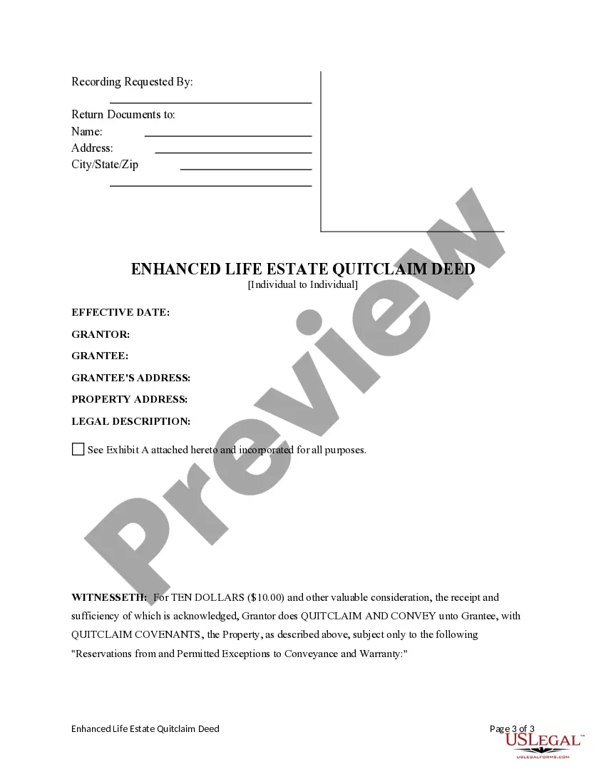 Preview Enhanced Life Estate or Lady Bird Quitclaim Deed - Individual to Individual