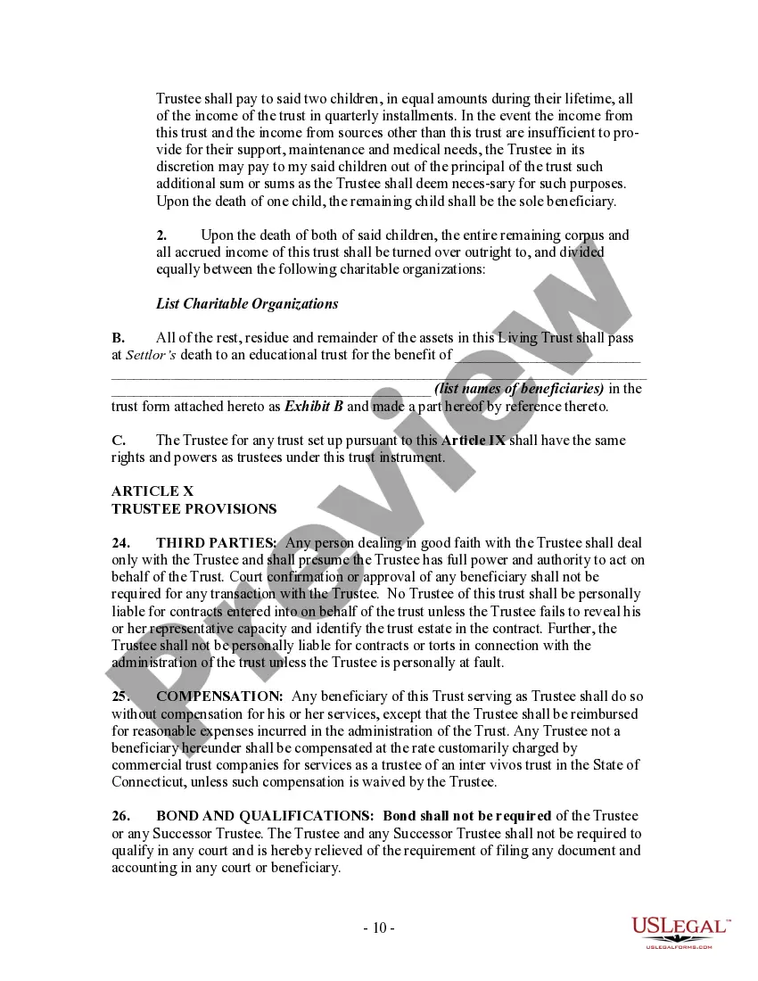Preview Revocable Living Trust Agreement with Sum Certain to Spouse in Trust, Part of Remainder to Two of Children and Final Remainder to Education Trust