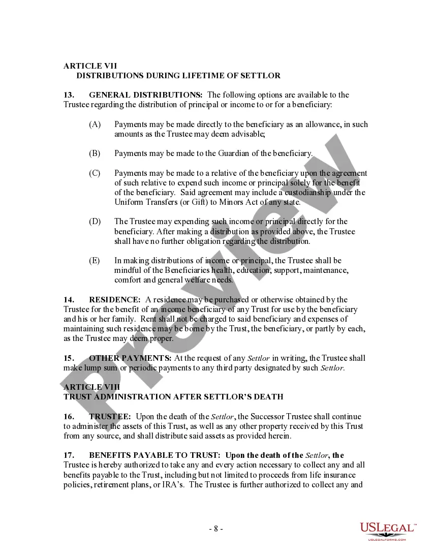 Preview Revocable Living Trust Agreement with Sum Certain to Spouse in Trust, Part of Remainder to Two of Children and Final Remainder to Education Trust