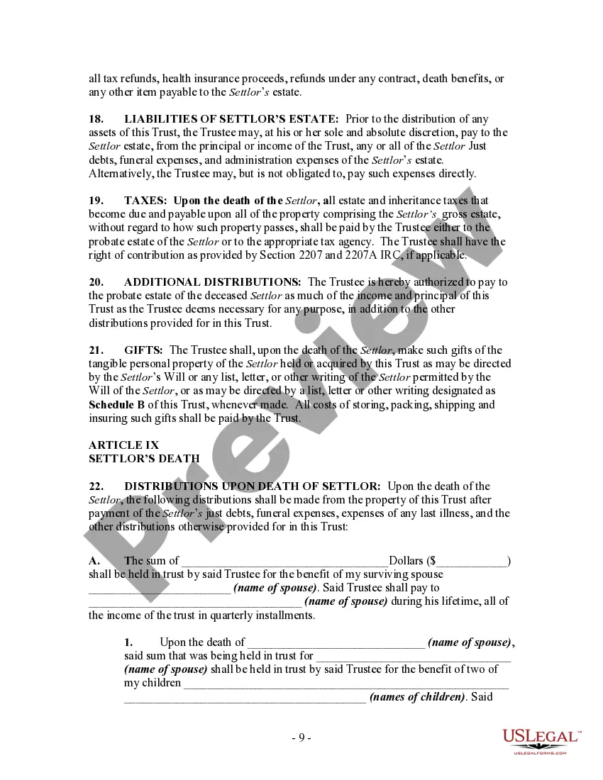 Preview Revocable Living Trust Agreement with Sum Certain to Spouse in Trust, Part of Remainder to Two of Children and Final Remainder to Education Trust