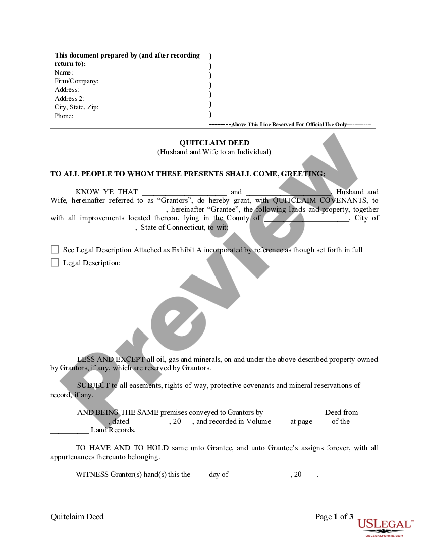 Connecticut Quitclaim Deed From Husband And Wife To An Individual Connecticut Quitclaim Deed 6605