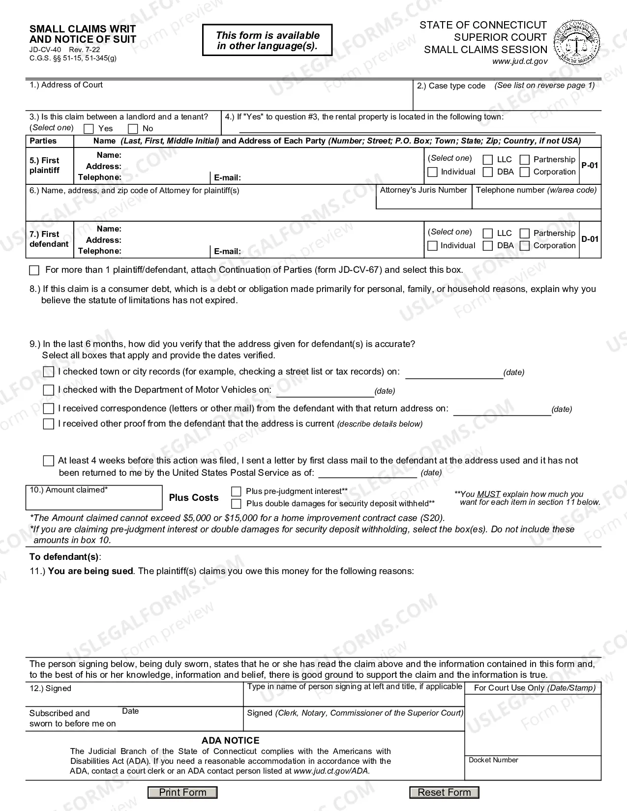 Preview Small Claims Writ and Notice of Suit