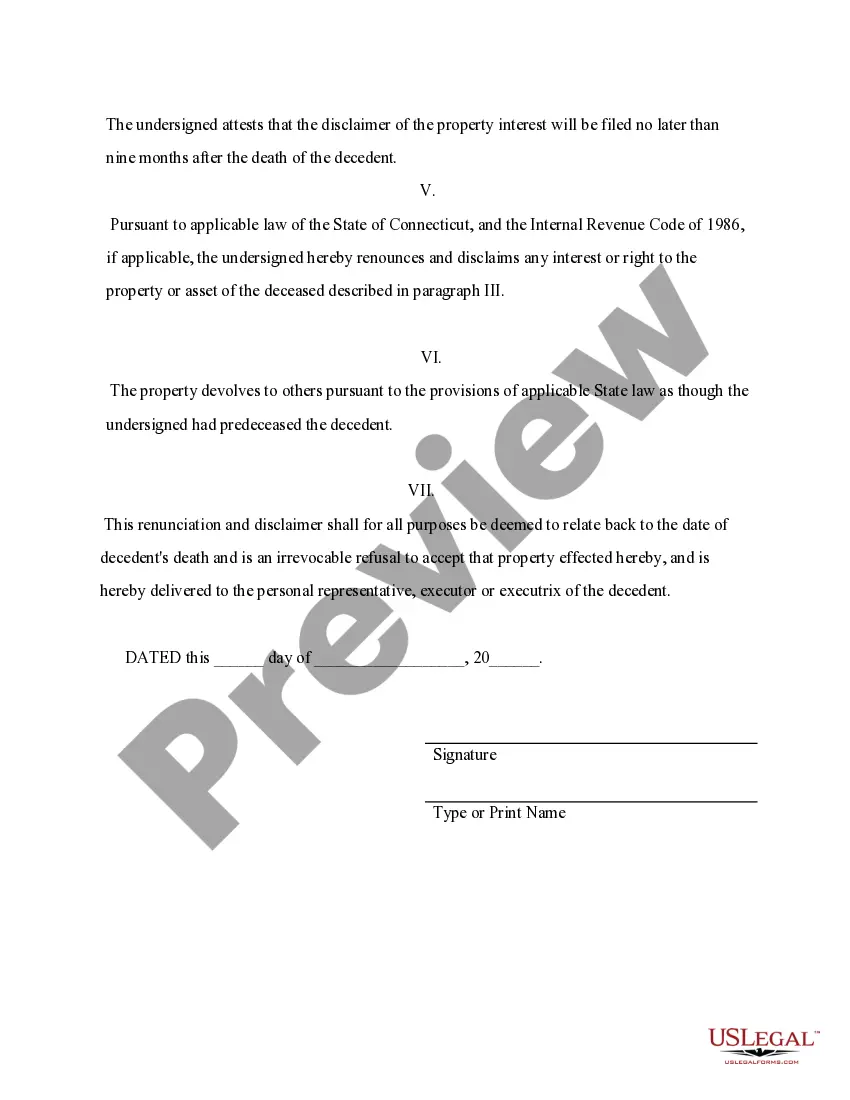 Preview Connecticut Renunciation And Disclaimer of Property received by Intestate Succession