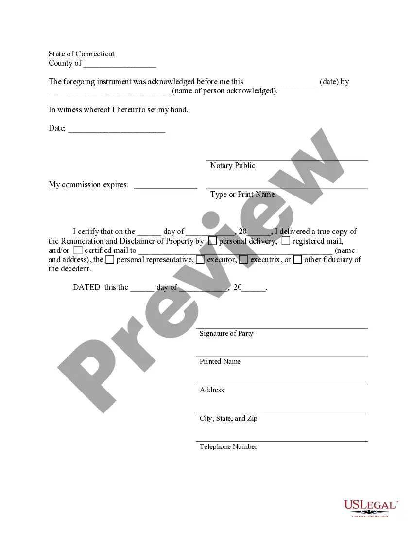 Preview Connecticut Renunciation And Disclaimer of Property received by Intestate Succession