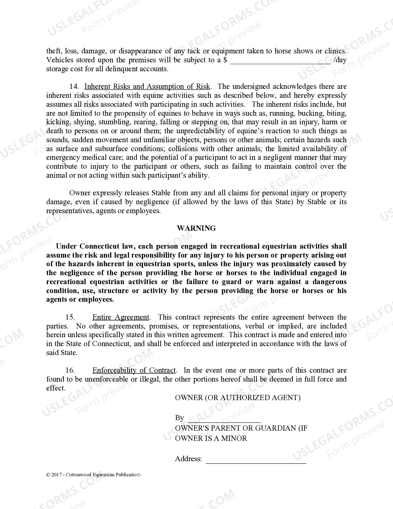 Preview Boarding Stable Agreement - Horse Equine Forms