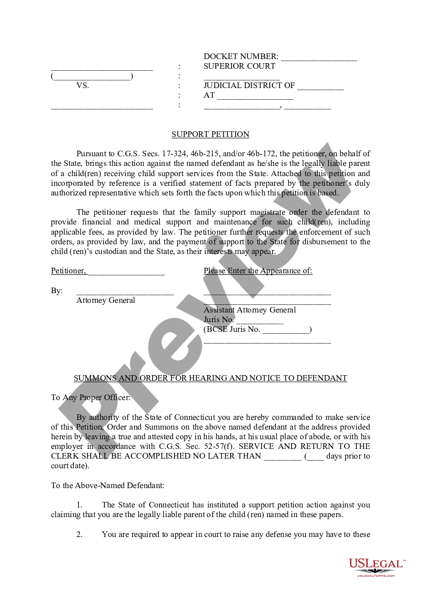 Connecticut Support Petition/Summons for Hearing/Verified Statement of ...