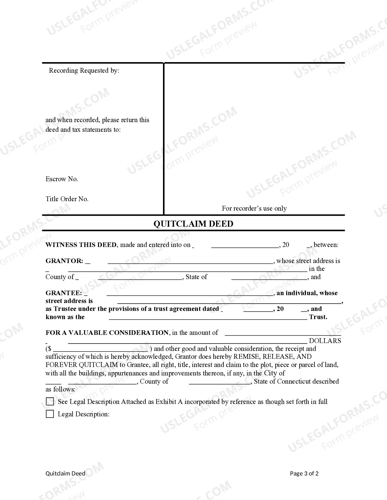 Preview Quitclaim Deed from an Individual to a Trust