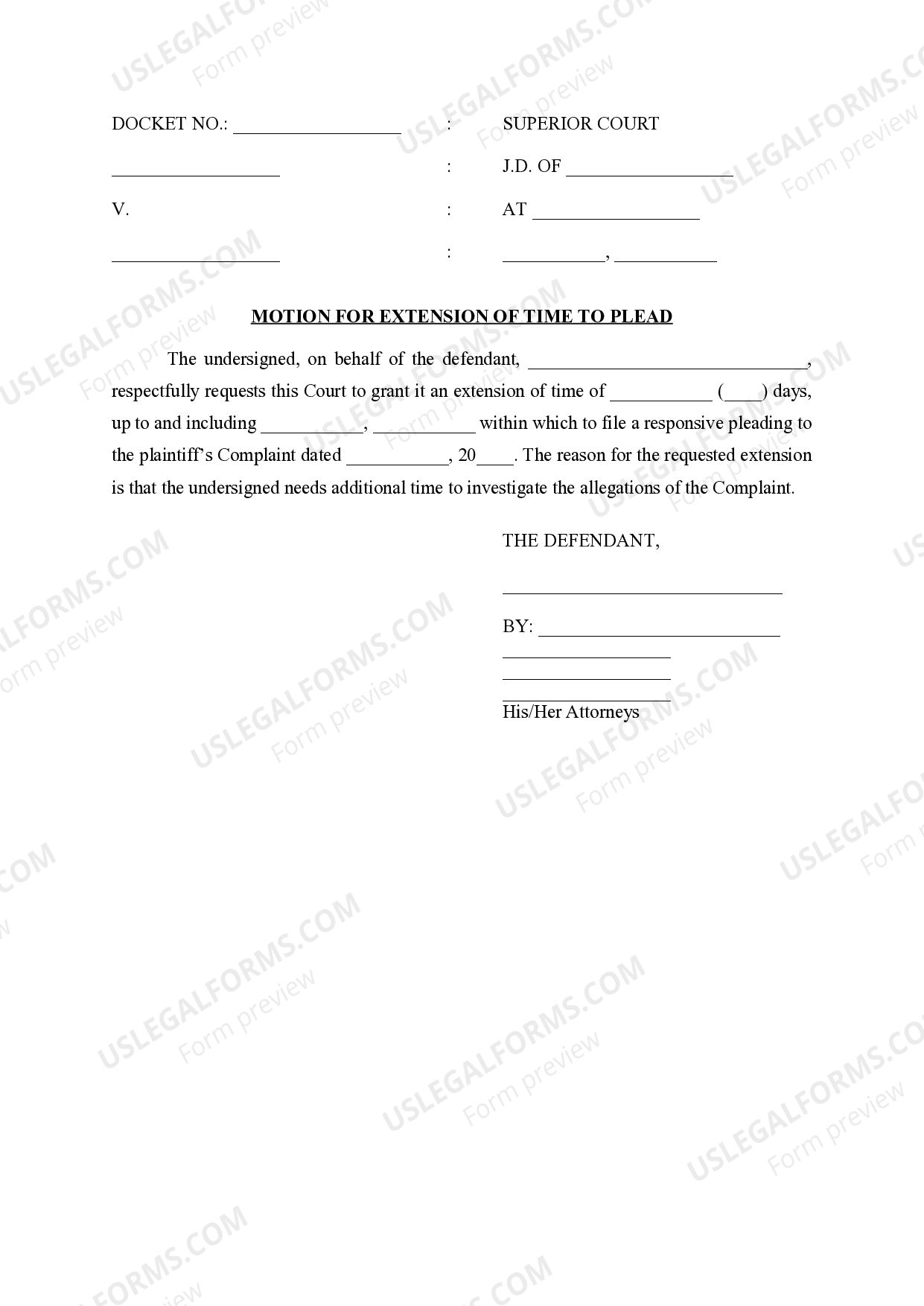 Connecticut Motion for Extension of Time to Plead US Legal Forms