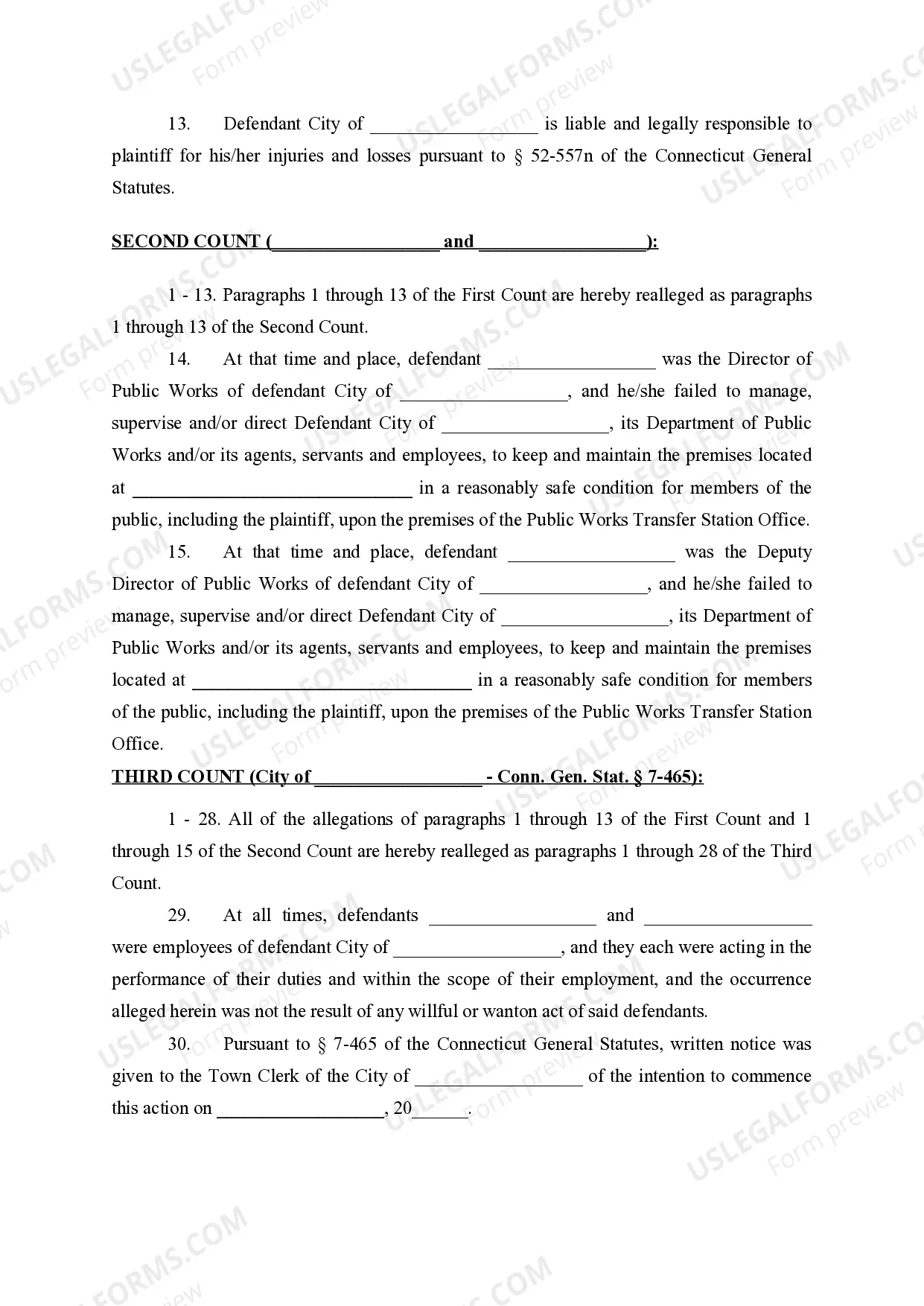 Preview Complaint (Personal Injury Claim against a City)