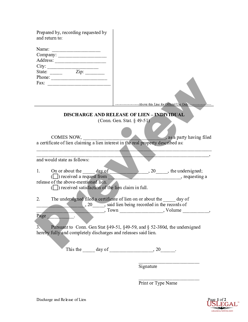 Connecticut Discharge And Release Of Lien By Individual Ct Lien Us Legal Forms 0506