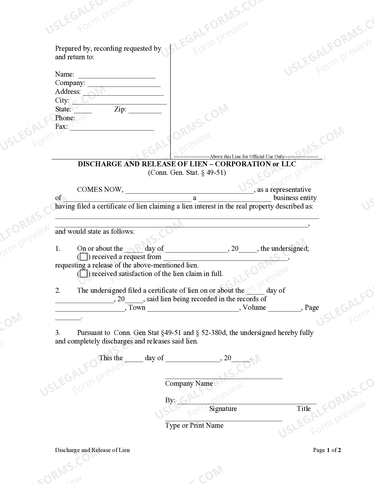 Connecticut Discharge and Release of Lien by Corporation or LLC Lien Release Conn US Legal Forms