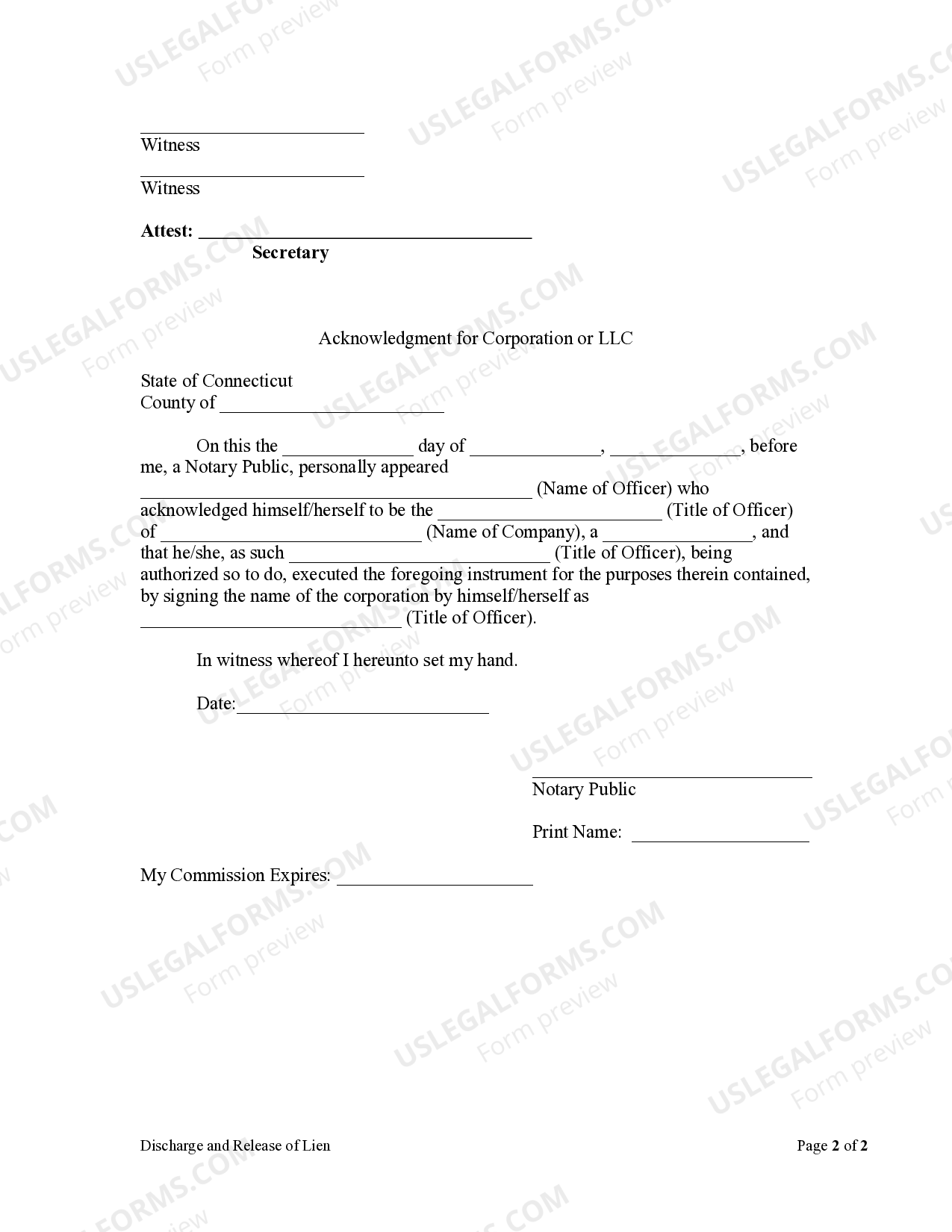 Connecticut Discharge and Release of Lien by Corporation or LLC Connecticut Llc Company US