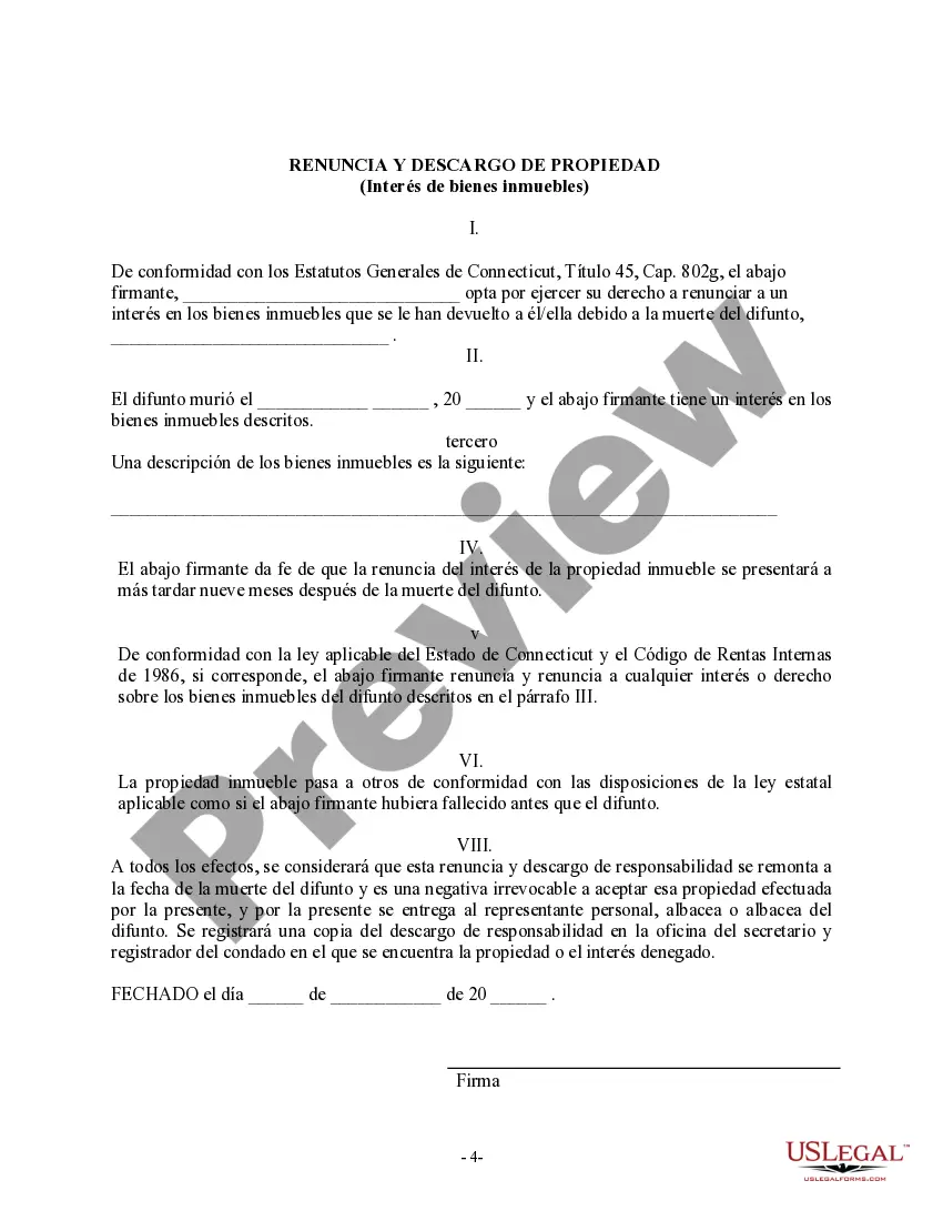 Preview Renuncia y descargo de responsabilidad de los intereses de bienes inmuebles en Connecticut