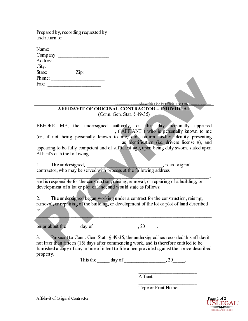 Connecticut Affidavit of Original Contractor by Individual