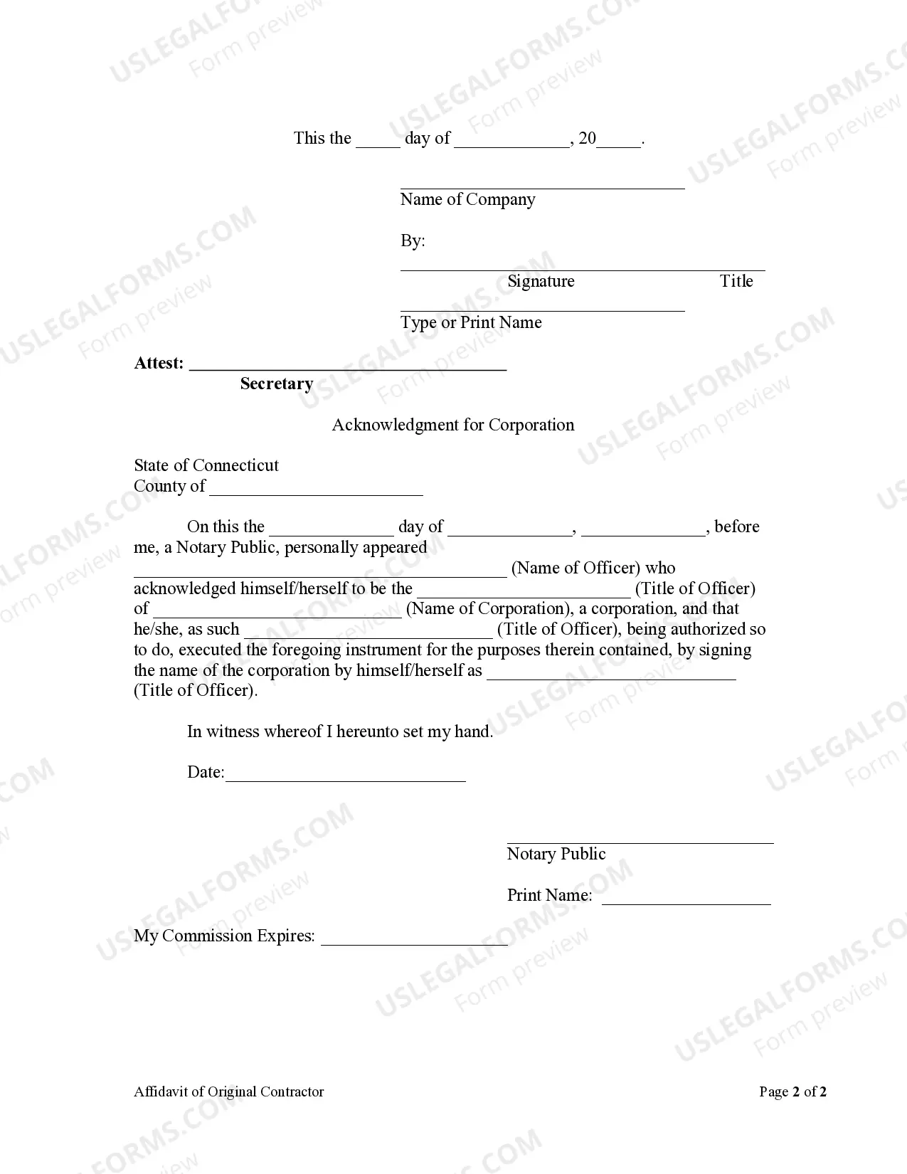 Preview Affidavit of Original Contractor by Corporation
