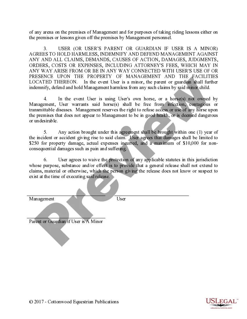 Preview Lesson, Horse Rental or Lease, and Arena Use Release - Horse Equine Forms