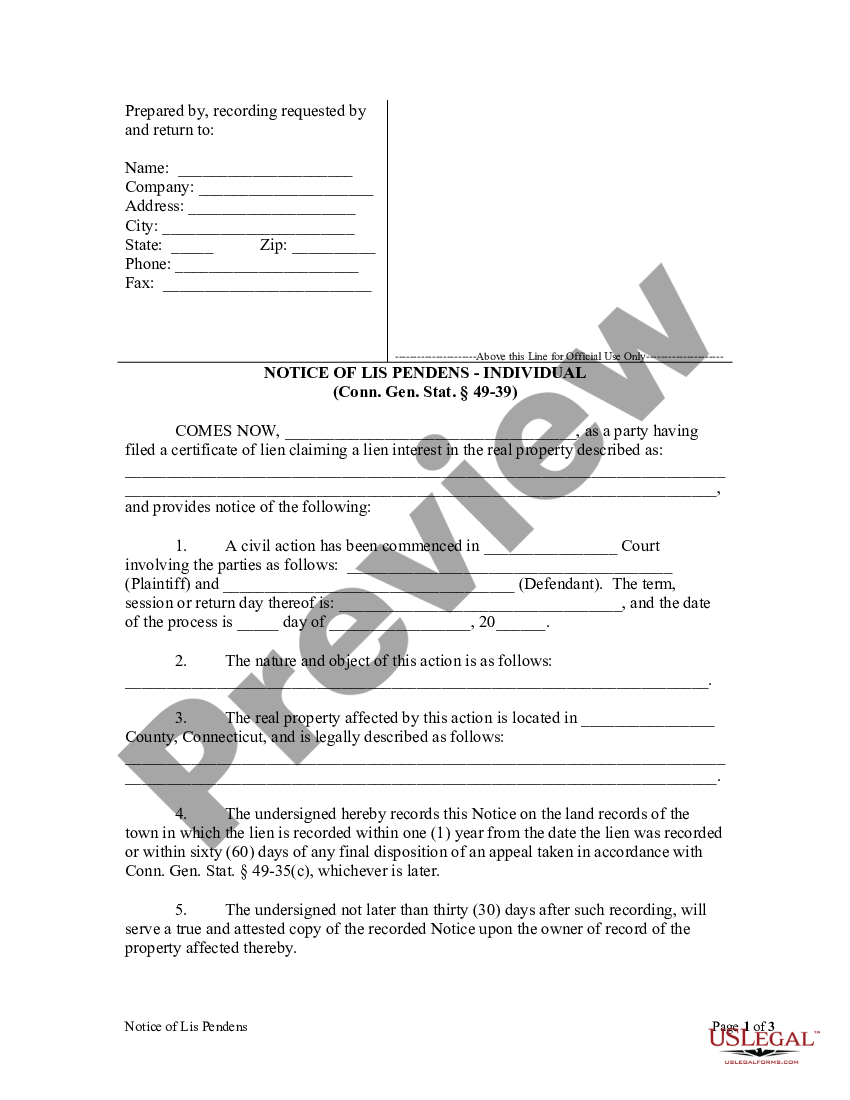 Connecticut Notice of Lis Pendens - Individual - Lis Pendens Ct | US ...