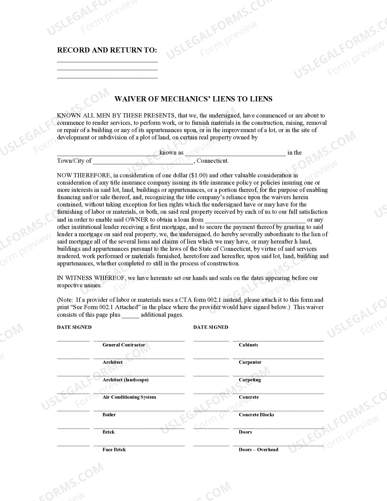 Connecticut Waiver of Mechanics Lien with General Contractor Indemnity