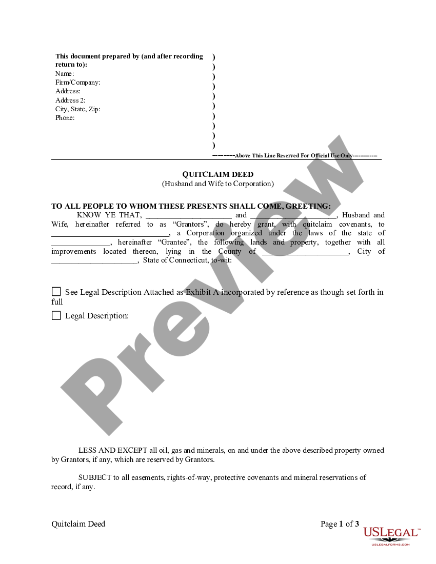 Connecticut Quitclaim Deed From Husband And Wife To Corporation Quit Claim Deed Connecticut 3293